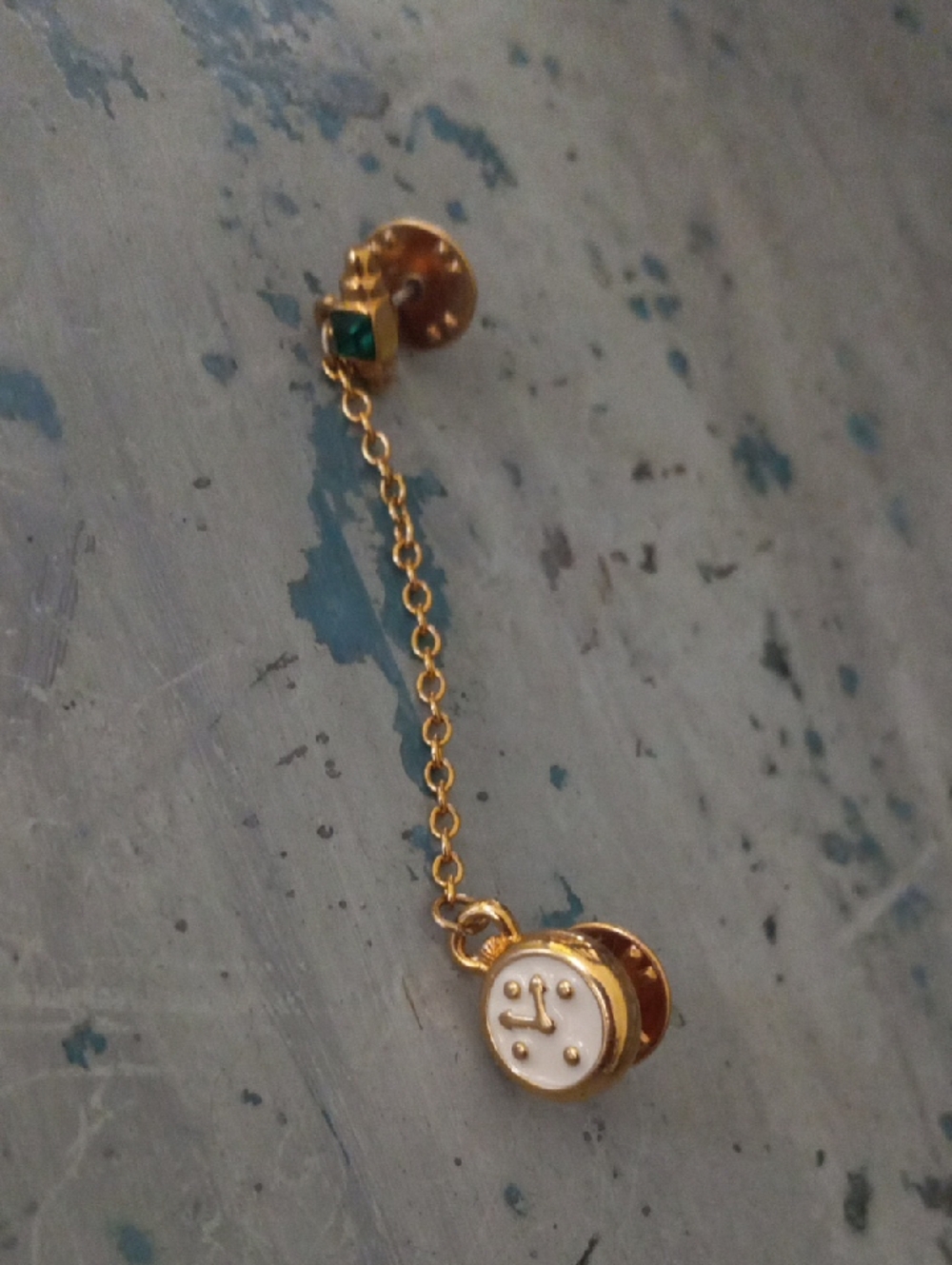 Monet Gold-Tone  White Enamel Clock  and Green Stone Tie Tack Pin With Chain